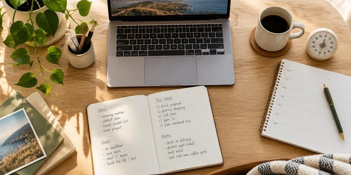 A sunlit desk with laptop, notebook, coffee, and a timer