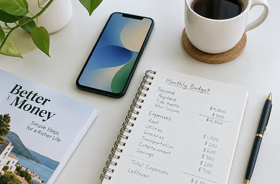 A phone, notebook, and coffee on a wooden desk